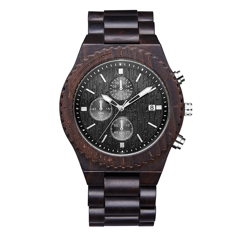 Дървен часовник Мъжки хронограф Черен многофункционален екологичен часовник от естествено дърво